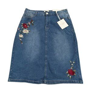 Oak & Poppy Denim High-Rise Embroidered Skirt Womens XL NWT
